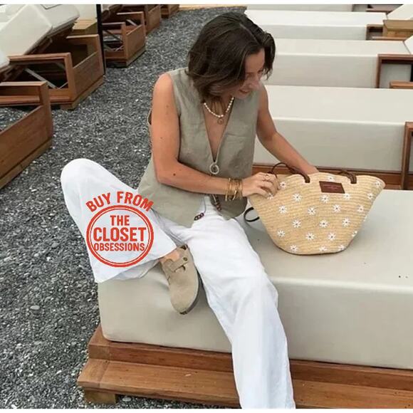 ZARA Sleeveless Linen Vest NWT | Beige Beaded Tie-Front Top Size L - Picture 10 of 16